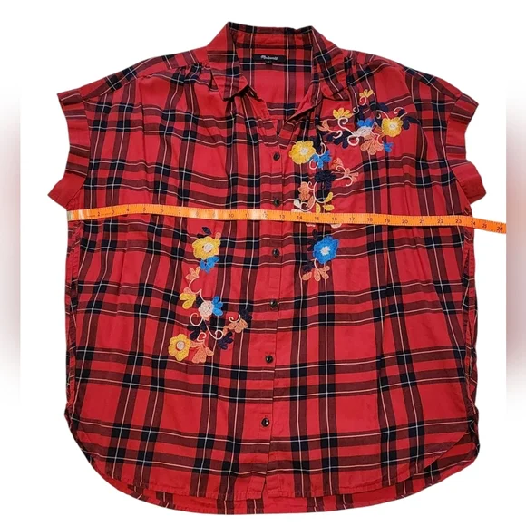 Madewell Red Embroidered CentralShirt in Dahl Plaid Check Top Oversized Size - M - Picture 4 of 7
